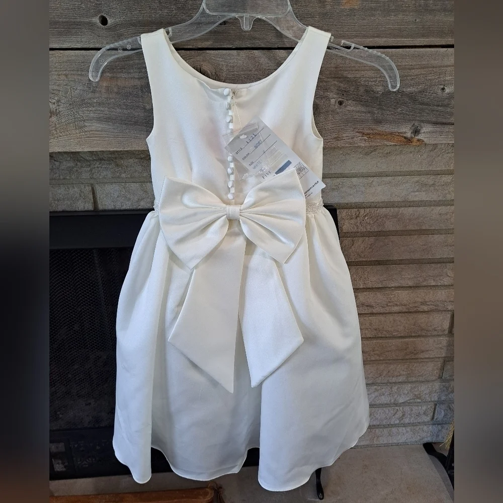 New Sweetie Pie Girls Size 2 Ivory Satin Flower Girl Dress Buttons Beaded Belt - Picture 1 of 12